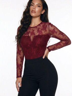 SO Burgundy Sheer Lace Long-Sleeve Bodysuit